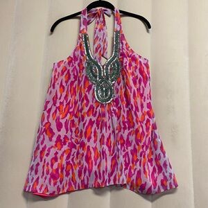 Boston Proper Women’s Top Small Halter Sequin Beaded Flowy Abstract Feminine